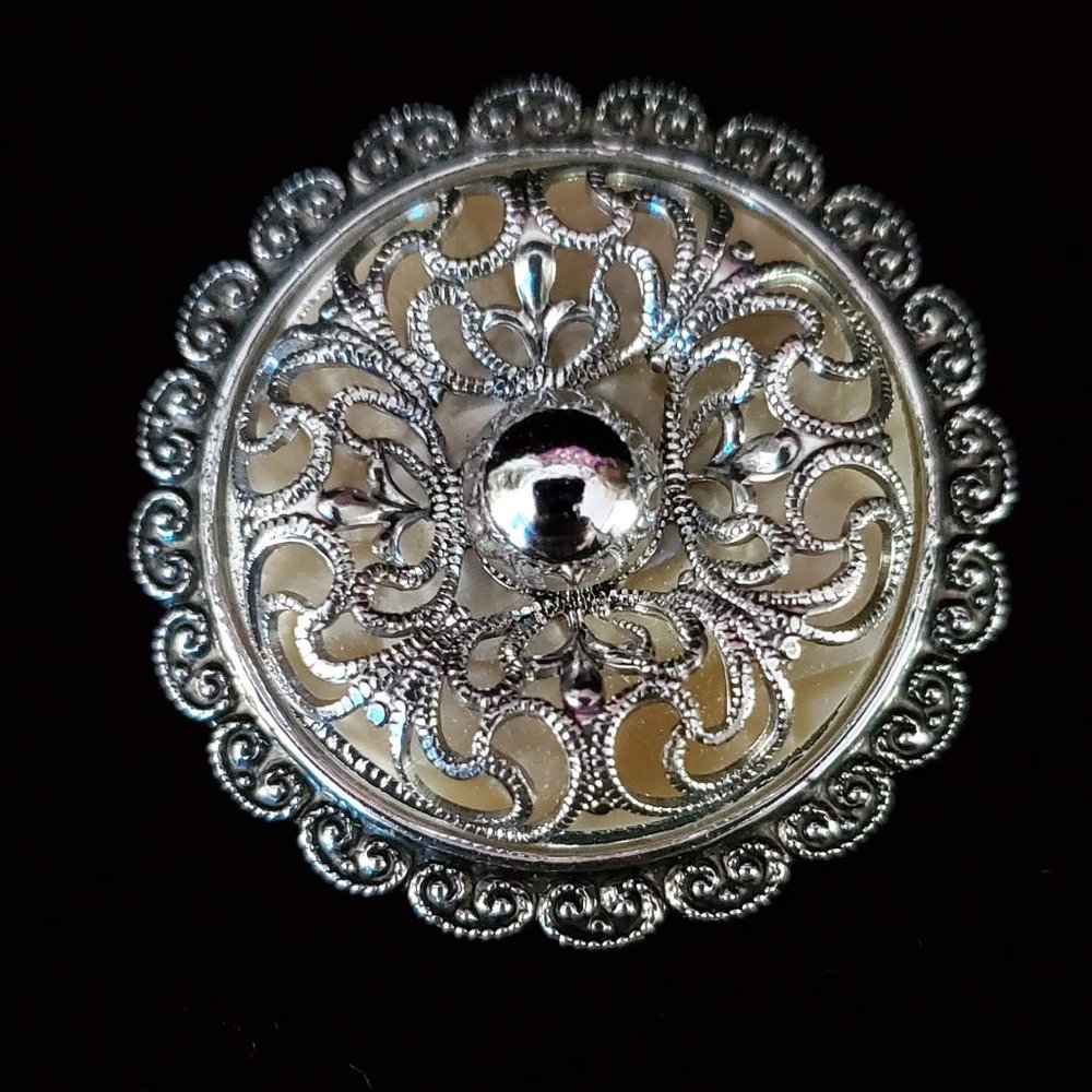 Vintage Filigree Scarf Clip Silver Tone Mother of Pearl(?) West Germany
